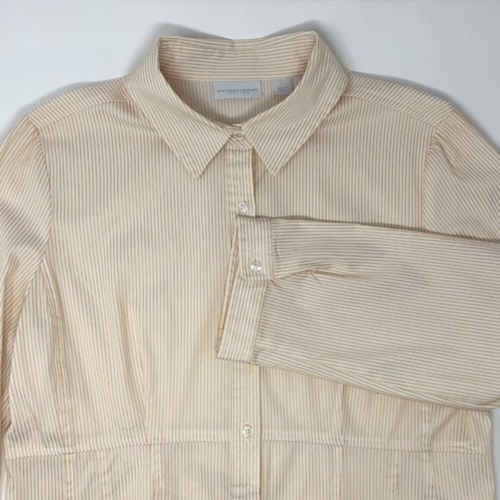 New York & Co White w/ Gold Metallic Stripes Womens Button Front Blouse Sz Large